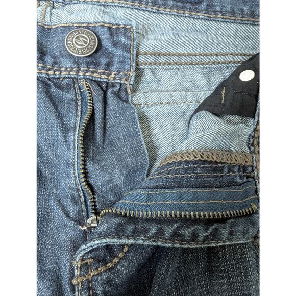 Seven 7 Boot Jeans Mens 34x32 Blue Dark Wash Distressed Flap Pocket - Picture 5 of 11